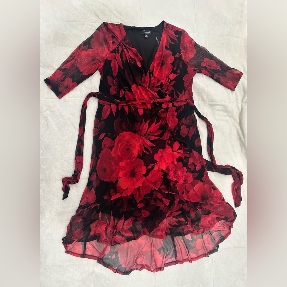 Connected Apparel Red and Black Floral High Low Dress